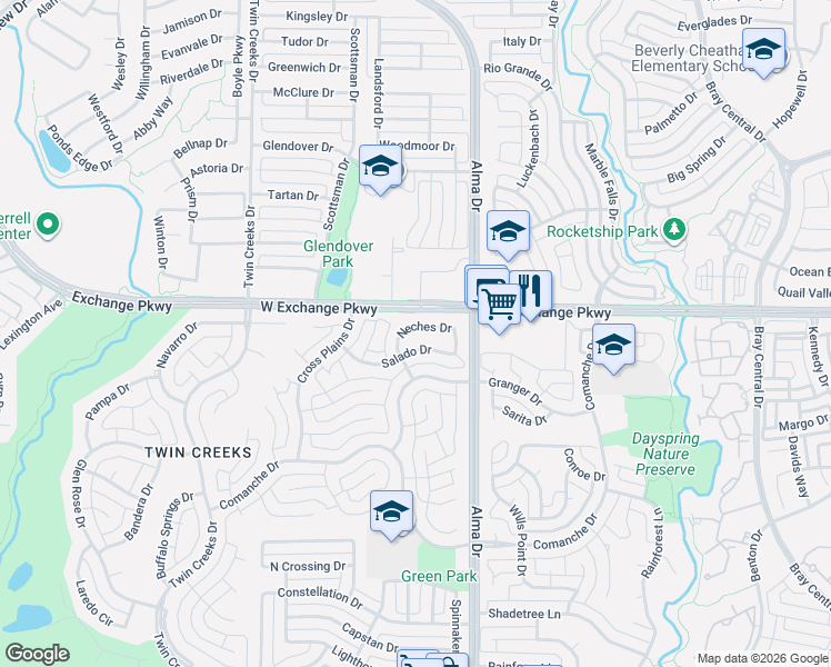 map of restaurants, bars, coffee shops, grocery stores, and more near 1314 Salado Drive in Allen
