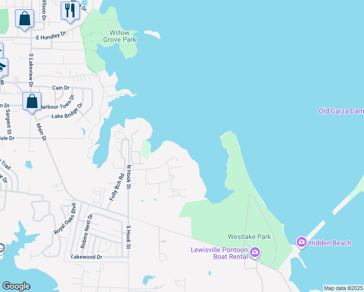 map of restaurants, bars, coffee shops, grocery stores, and more near 300 Lake Drive in Lake Dallas