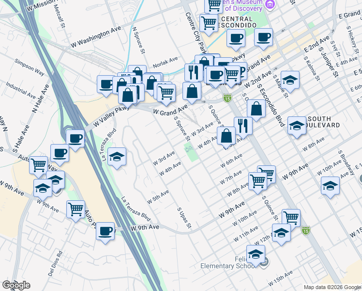 map of restaurants, bars, coffee shops, grocery stores, and more near 402 South Tulip Street in Escondido