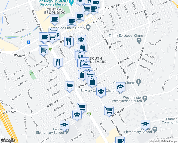 map of restaurants, bars, coffee shops, grocery stores, and more near 222 West 8th Avenue in Escondido