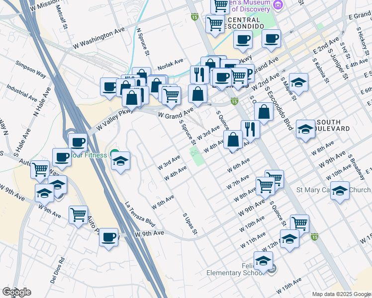map of restaurants, bars, coffee shops, grocery stores, and more near 835 West 3rd Avenue in Escondido