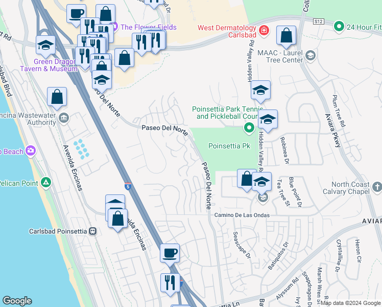 map of restaurants, bars, coffee shops, grocery stores, and more near 916 Caminito Estrada in Carlsbad