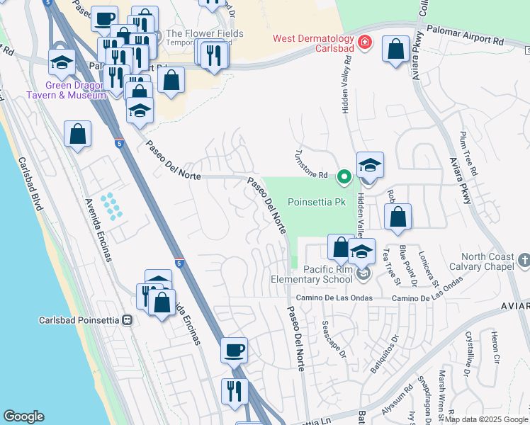 map of restaurants, bars, coffee shops, grocery stores, and more near 6675 Paseo Del Norte in Carlsbad
