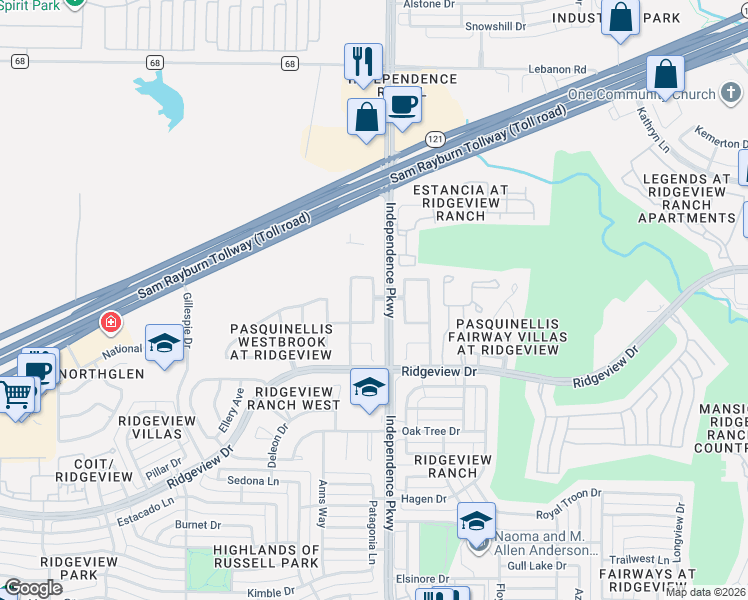 map of restaurants, bars, coffee shops, grocery stores, and more near 3098 Ridge Creek Lane in Plano