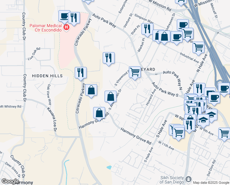 map of restaurants, bars, coffee shops, grocery stores, and more near 911 South Andreasen Drive in Escondido