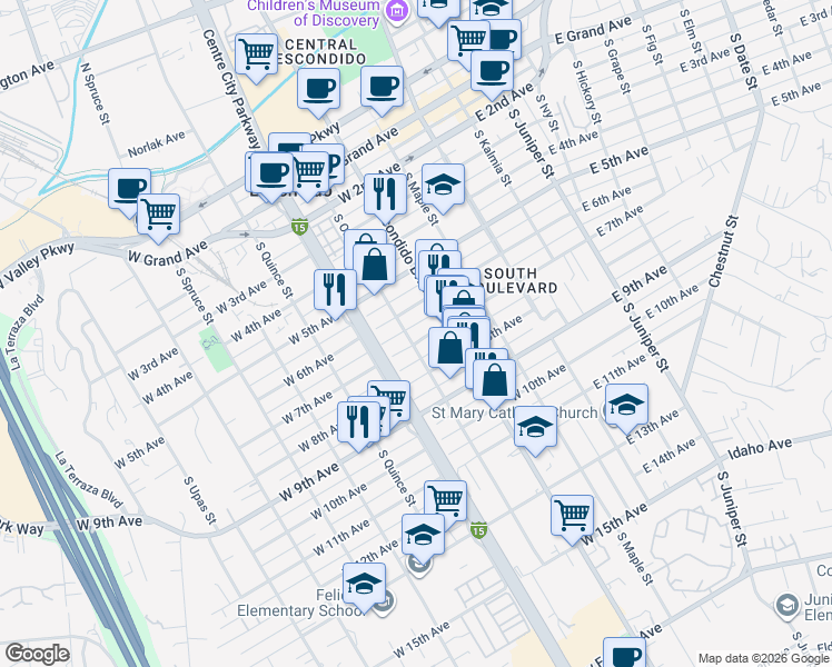 map of restaurants, bars, coffee shops, grocery stores, and more near 345 West 7th Avenue in Escondido