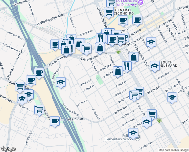 map of restaurants, bars, coffee shops, grocery stores, and more near 402 South Tulip Street in Escondido