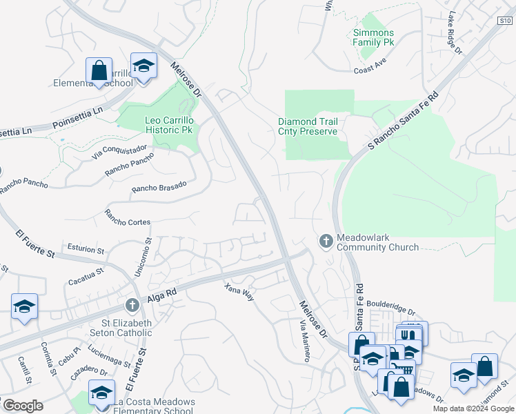 map of restaurants, bars, coffee shops, grocery stores, and more near 3085 Via Maximo in Carlsbad