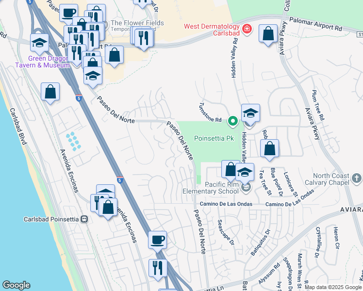 map of restaurants, bars, coffee shops, grocery stores, and more near 6679 Paseo Del Norte in Carlsbad