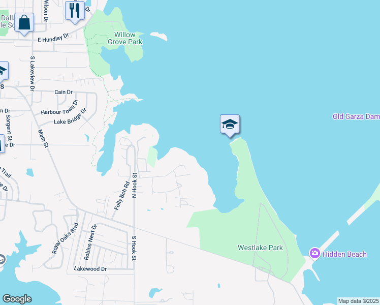 map of restaurants, bars, coffee shops, grocery stores, and more near 300 Lake Drive in Lake Dallas