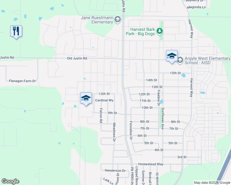 map of restaurants, bars, coffee shops, grocery stores, and more near 1029 Canary Court in Argyle