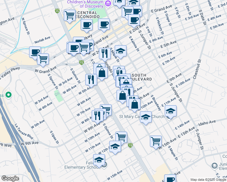 map of restaurants, bars, coffee shops, grocery stores, and more near 345 West 7th Avenue in Escondido