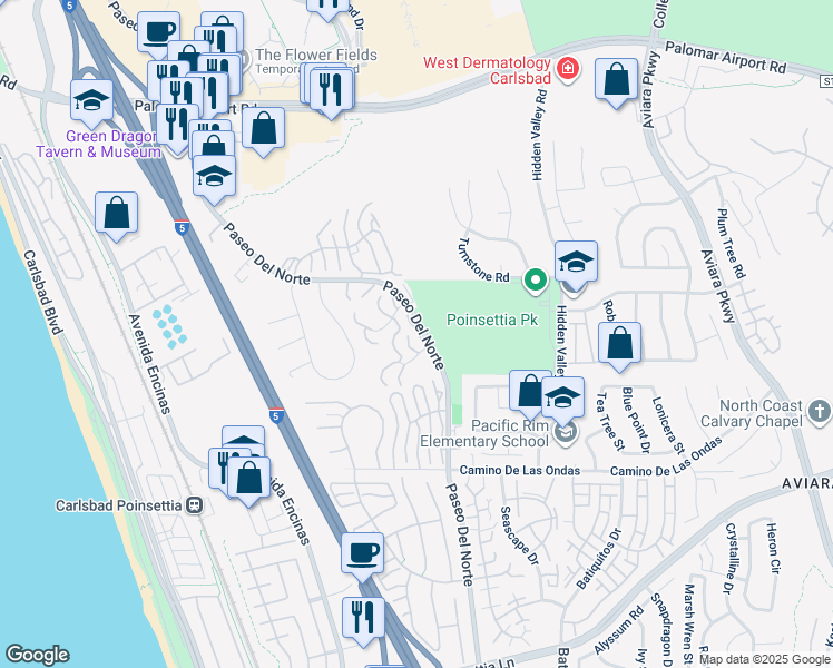 map of restaurants, bars, coffee shops, grocery stores, and more near 6677 Paseo Del Norte in Carlsbad