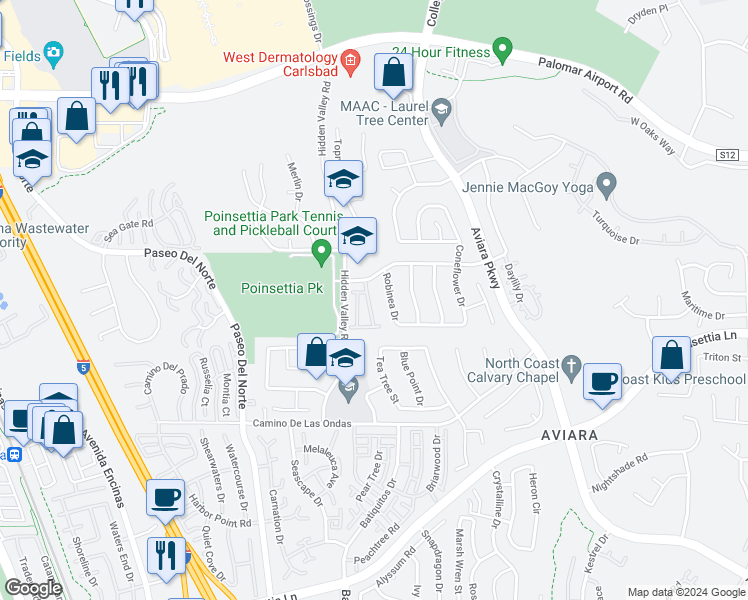 map of restaurants, bars, coffee shops, grocery stores, and more near 6572 Red Knot Street in Carlsbad