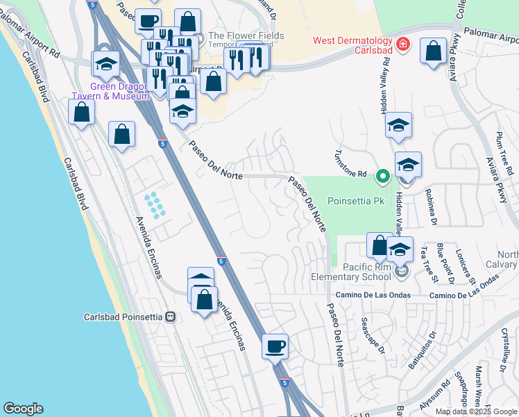 map of restaurants, bars, coffee shops, grocery stores, and more near 6527 Camino Del Parque in Carlsbad