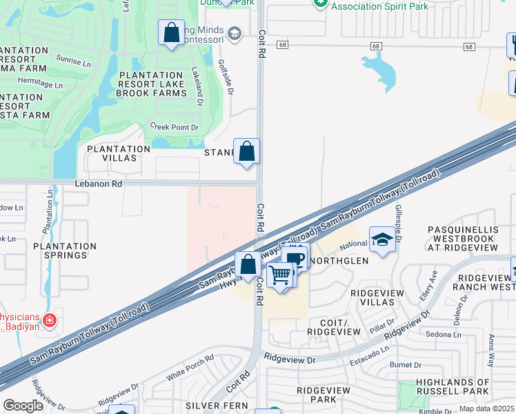 map of restaurants, bars, coffee shops, grocery stores, and more near 4461 Coit Road in Frisco