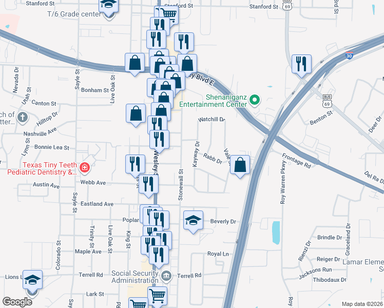 map of restaurants, bars, coffee shops, grocery stores, and more near 2503 Woodrow Boulevard in Greenville