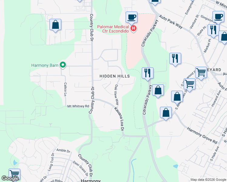 map of restaurants, bars, coffee shops, grocery stores, and more near 1365 Oak View Way in Escondido
