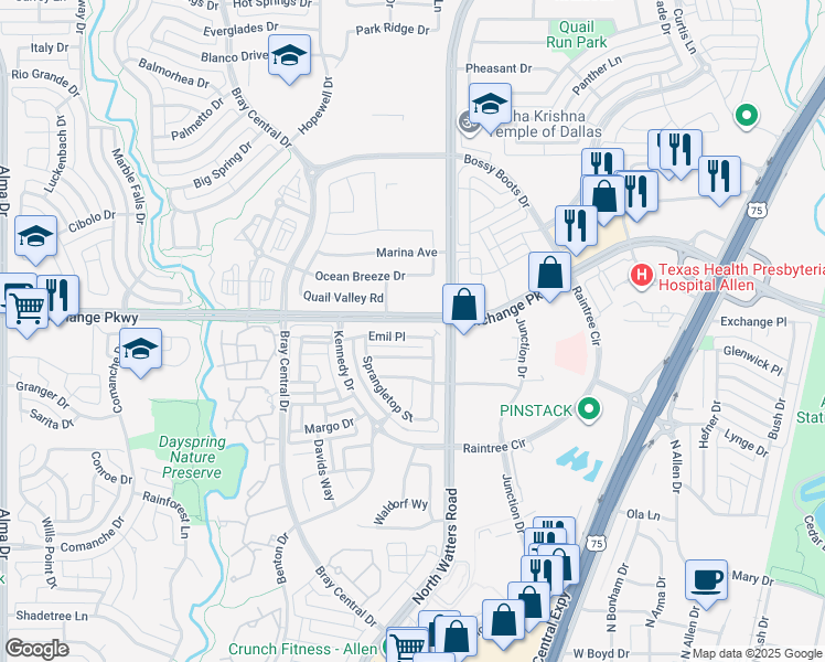 map of restaurants, bars, coffee shops, grocery stores, and more near 1020 West Exchange Parkway in Allen
