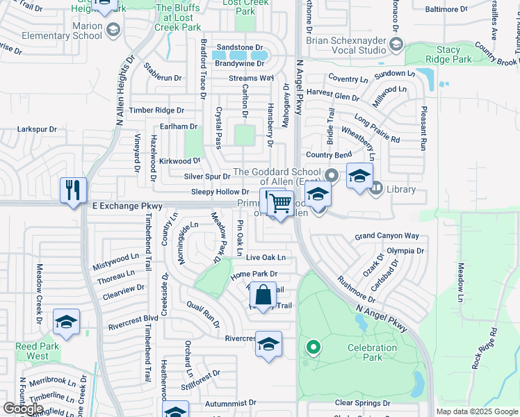 map of restaurants, bars, coffee shops, grocery stores, and more near 1536 Sleepy Hollow Drive in Allen