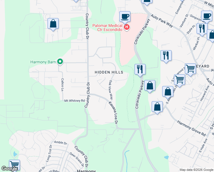 map of restaurants, bars, coffee shops, grocery stores, and more near 1365 Oak View Way in Escondido