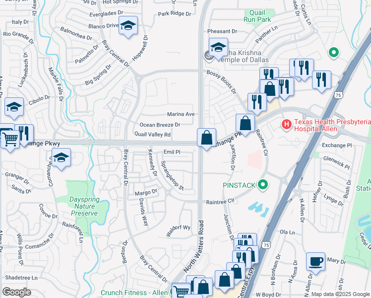 map of restaurants, bars, coffee shops, grocery stores, and more near 1020 West Exchange Parkway in Allen