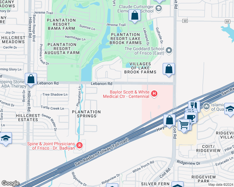 map of restaurants, bars, coffee shops, grocery stores, and more near 11855 Lebanon Road in Frisco