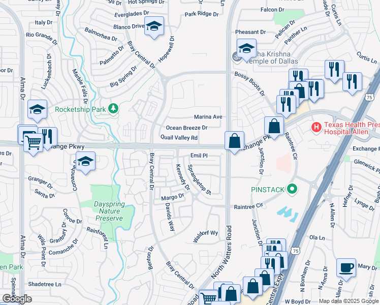 map of restaurants, bars, coffee shops, grocery stores, and more near 1035 Quail Valley Road in Allen