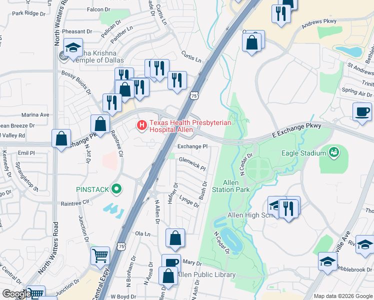 map of restaurants, bars, coffee shops, grocery stores, and more near 259 West Exchange Parkway in Allen