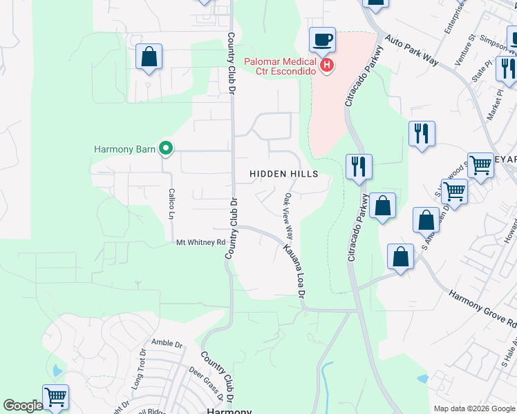 map of restaurants, bars, coffee shops, grocery stores, and more near 2785 Canyon Oak Place in Escondido