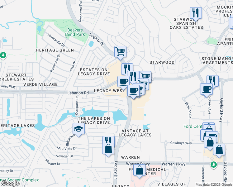 map of restaurants, bars, coffee shops, grocery stores, and more near 5375 Lebanon Rd in Frisco