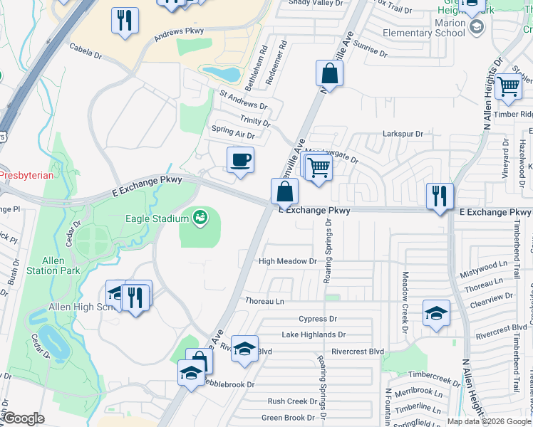 map of restaurants, bars, coffee shops, grocery stores, and more near 899 North Greenville Avenue in Allen
