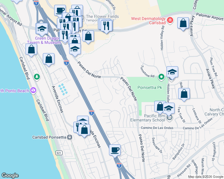map of restaurants, bars, coffee shops, grocery stores, and more near 900 Caminito Madrigal in Carlsbad