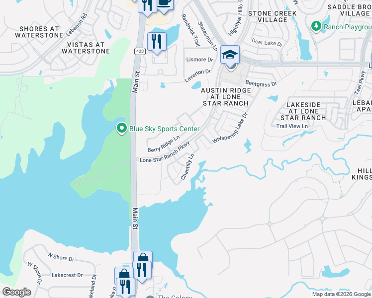 map of restaurants, bars, coffee shops, grocery stores, and more near 4416 Berry Ridge Lane in Frisco