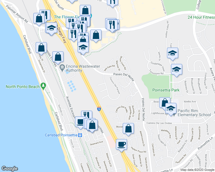 map of restaurants, bars, coffee shops, grocery stores, and more near 6418 Camino Del Parque in Carlsbad