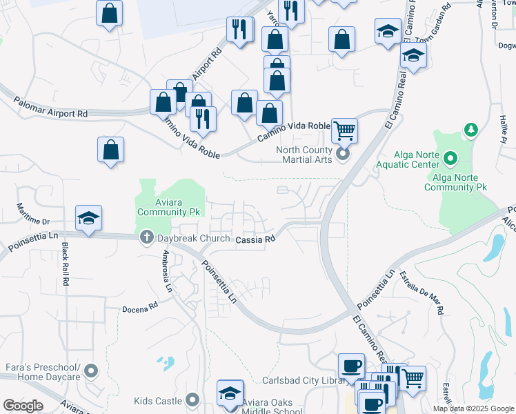 map of restaurants, bars, coffee shops, grocery stores, and more near 6446 Lilium Lane in Carlsbad
