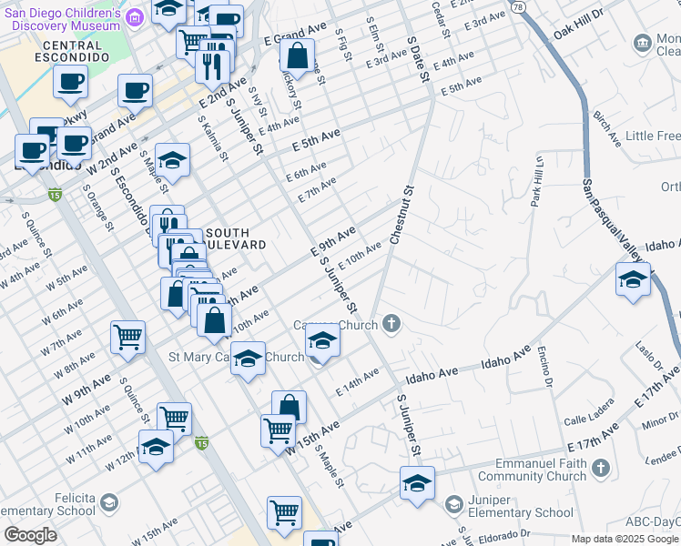 map of restaurants, bars, coffee shops, grocery stores, and more near 1006 South Juniper Street in Escondido
