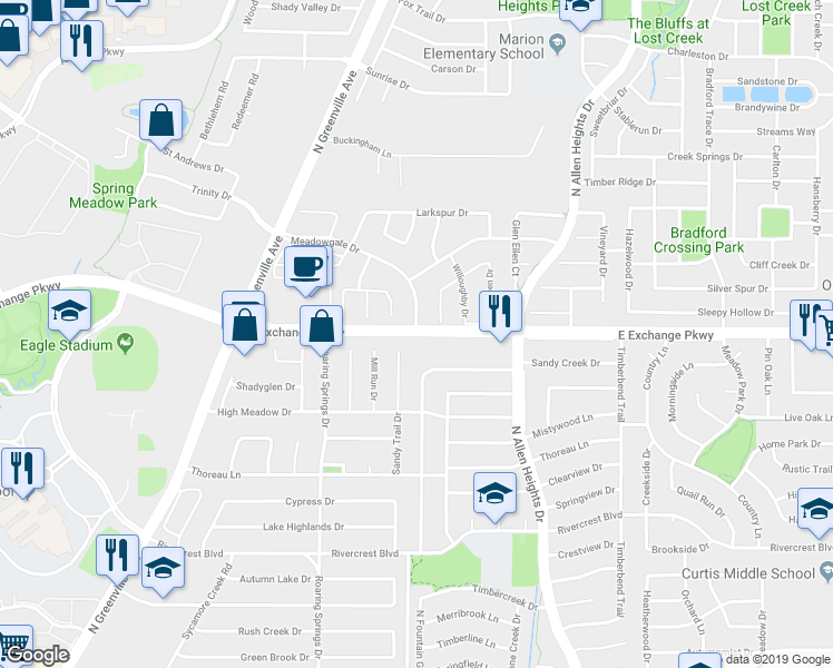 map of restaurants, bars, coffee shops, grocery stores, and more near 648 East Exchange Parkway in Allen