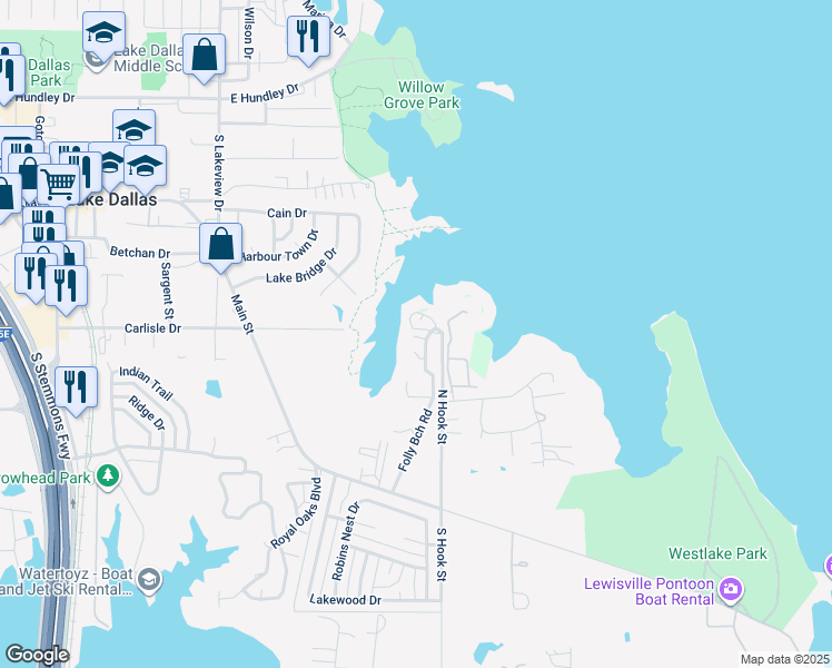 map of restaurants, bars, coffee shops, grocery stores, and more near 108 Saint Francis in Lake Dallas