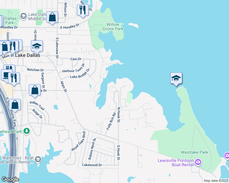 map of restaurants, bars, coffee shops, grocery stores, and more near 108 Saint Francis in Lake Dallas