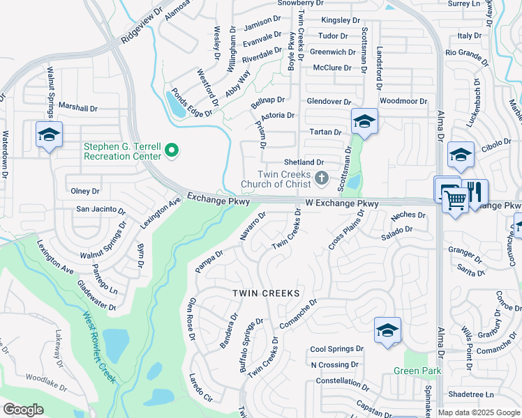map of restaurants, bars, coffee shops, grocery stores, and more near 1117 Navarro Drive in Allen