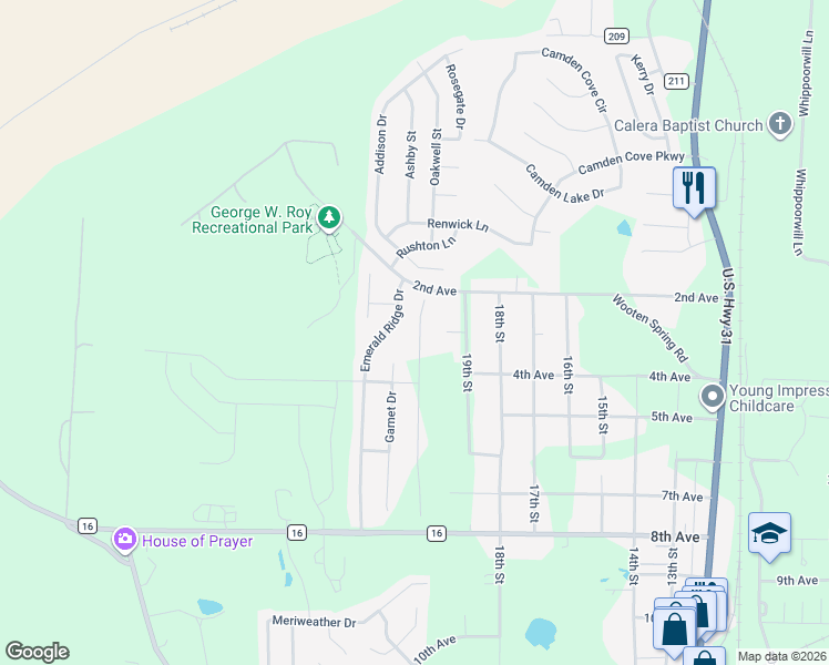 map of restaurants, bars, coffee shops, grocery stores, and more near 1021 Emerald Ridge Drive in Calera