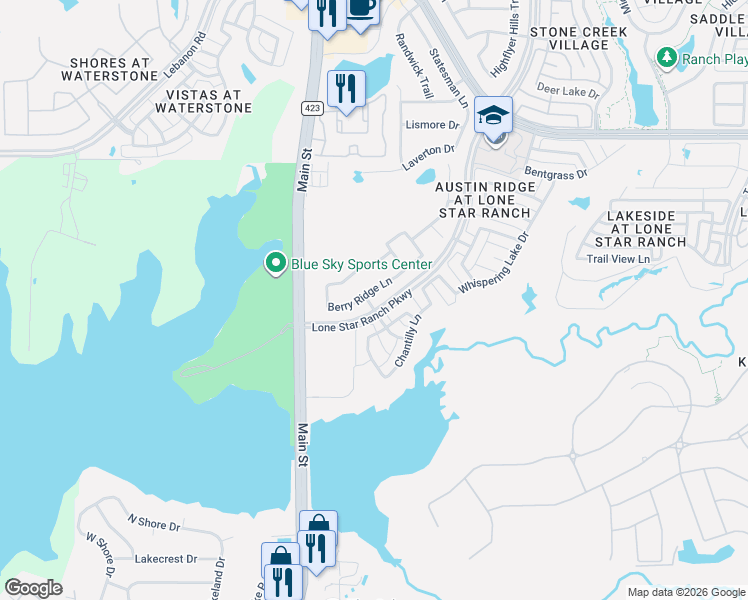 map of restaurants, bars, coffee shops, grocery stores, and more near 4303 Berry Ridge Lane in Frisco