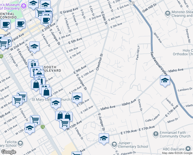 map of restaurants, bars, coffee shops, grocery stores, and more near 1055 Chestnut Street in Escondido
