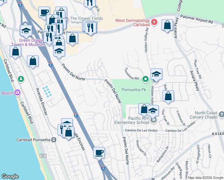 map of restaurants, bars, coffee shops, grocery stores, and more near 6673 Paseo Del Norte in Carlsbad
