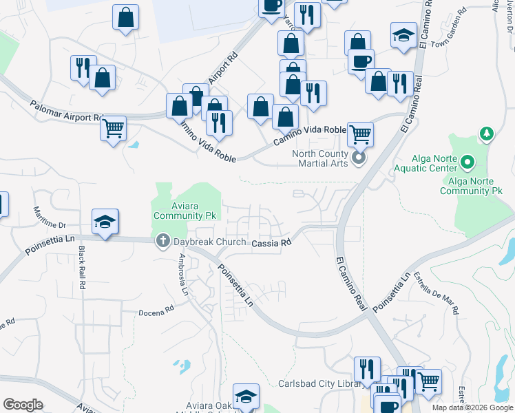 map of restaurants, bars, coffee shops, grocery stores, and more near 6407 Bluegrass Lane in Carlsbad