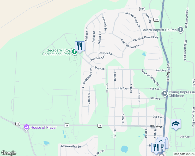 map of restaurants, bars, coffee shops, grocery stores, and more near 924 Savannah Lane in Calera