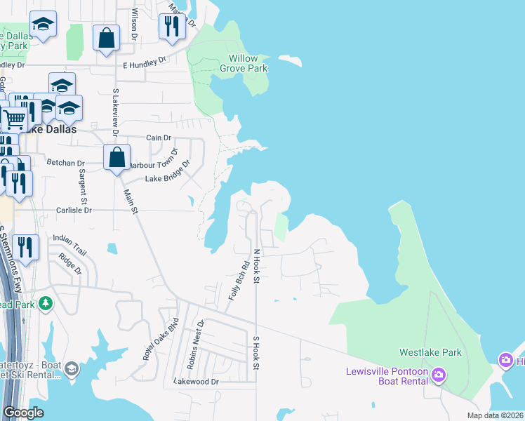 map of restaurants, bars, coffee shops, grocery stores, and more near 500 Water's Edge Drive in Lake Dallas