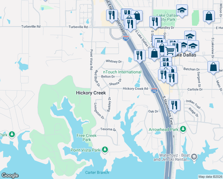 map of restaurants, bars, coffee shops, grocery stores, and more near 140 Shasta Drive in Hickory Creek