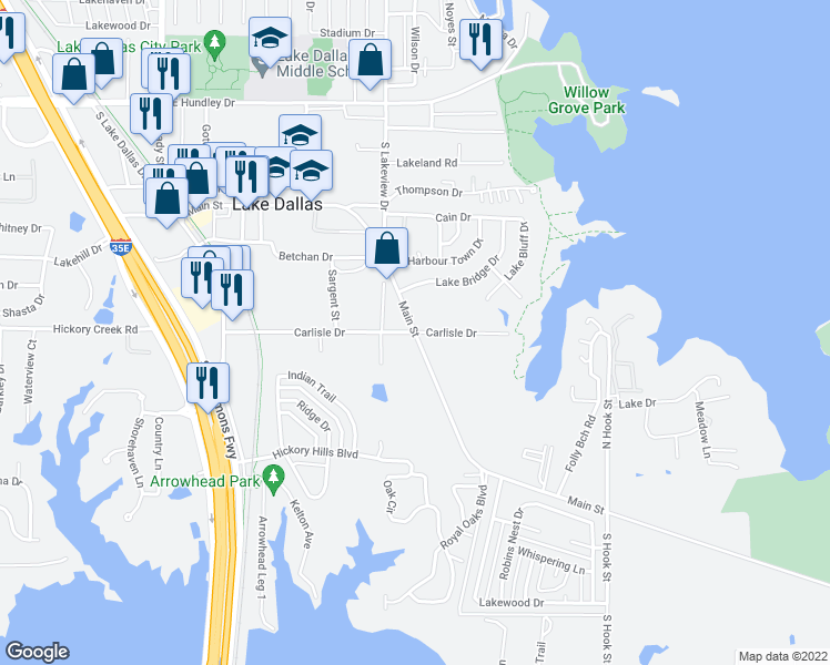 map of restaurants, bars, coffee shops, grocery stores, and more near Main Street in Lake Dallas